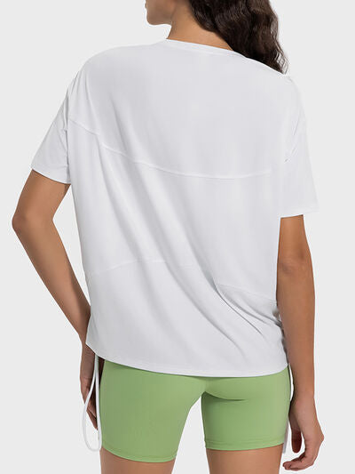 Millennia Drawstring Round Neck Short Sleeve Active T-Shirt - FitFemme.Shop