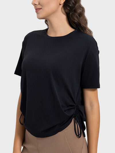 Millennia Drawstring Round Neck Short Sleeve Active T-Shirt - FitFemme.Shop