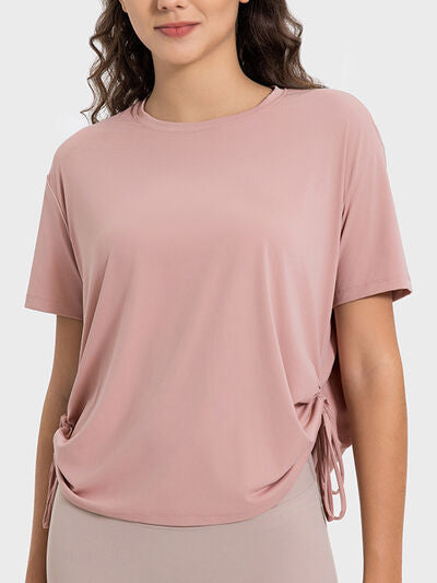 Millennia Drawstring Round Neck Short Sleeve Active T-Shirt - FitFemme.Shop
