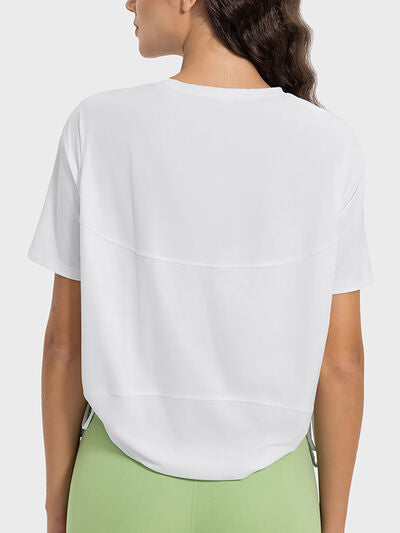 Millennia Drawstring Round Neck Short Sleeve Active T-Shirt - FitFemme.Shop