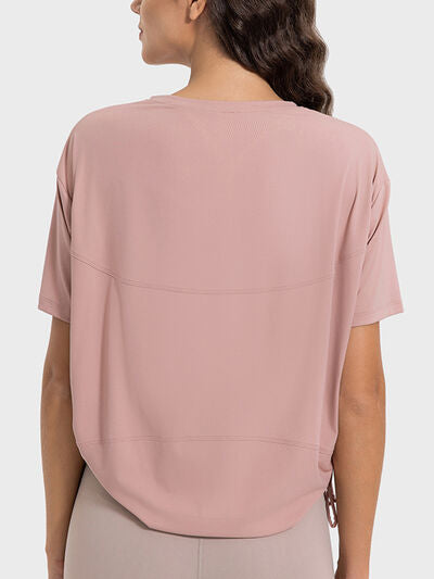 Millennia Drawstring Round Neck Short Sleeve Active T-Shirt - FitFemme.Shop