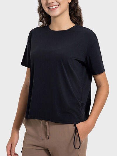 Millennia Drawstring Round Neck Short Sleeve Active T-Shirt - FitFemme.Shop