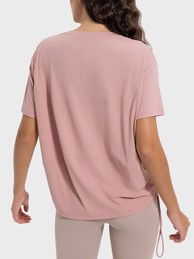 Millennia Drawstring Round Neck Short Sleeve Active T-Shirt - FitFemme.Shop