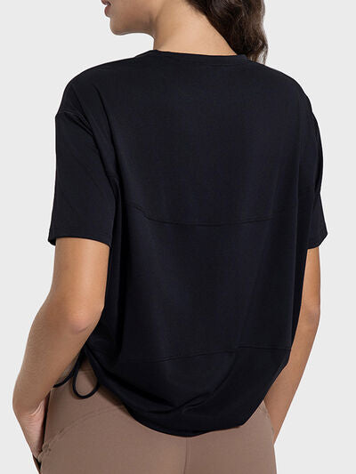 Millennia Drawstring Round Neck Short Sleeve Active T-Shirt - FitFemme.Shop