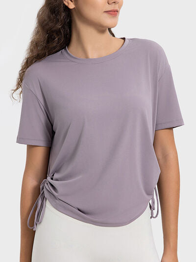 Millennia Drawstring Round Neck Short Sleeve Active T-Shirt - FitFemme.Shop