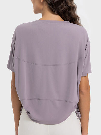 Millennia Drawstring Round Neck Short Sleeve Active T-Shirt - FitFemme.Shop