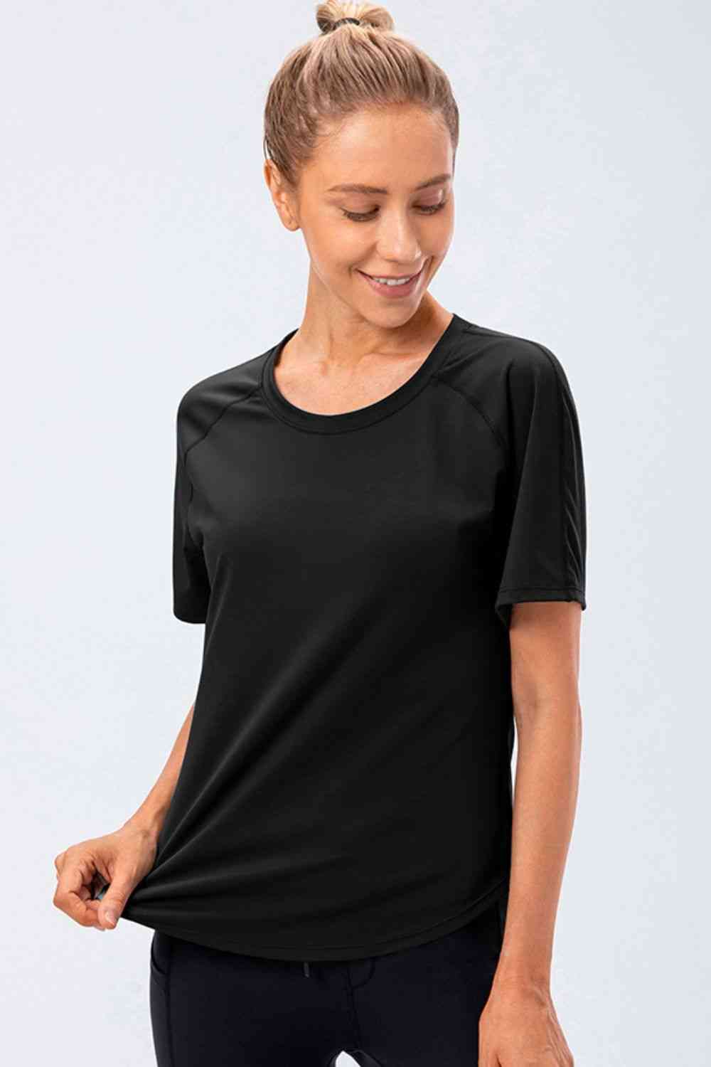Round Neck Raglan Sleeve Active Tee - FitFemme.Shop