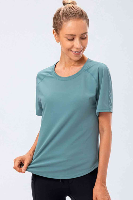 Round Neck Raglan Sleeve Active Tee - FitFemme.Shop