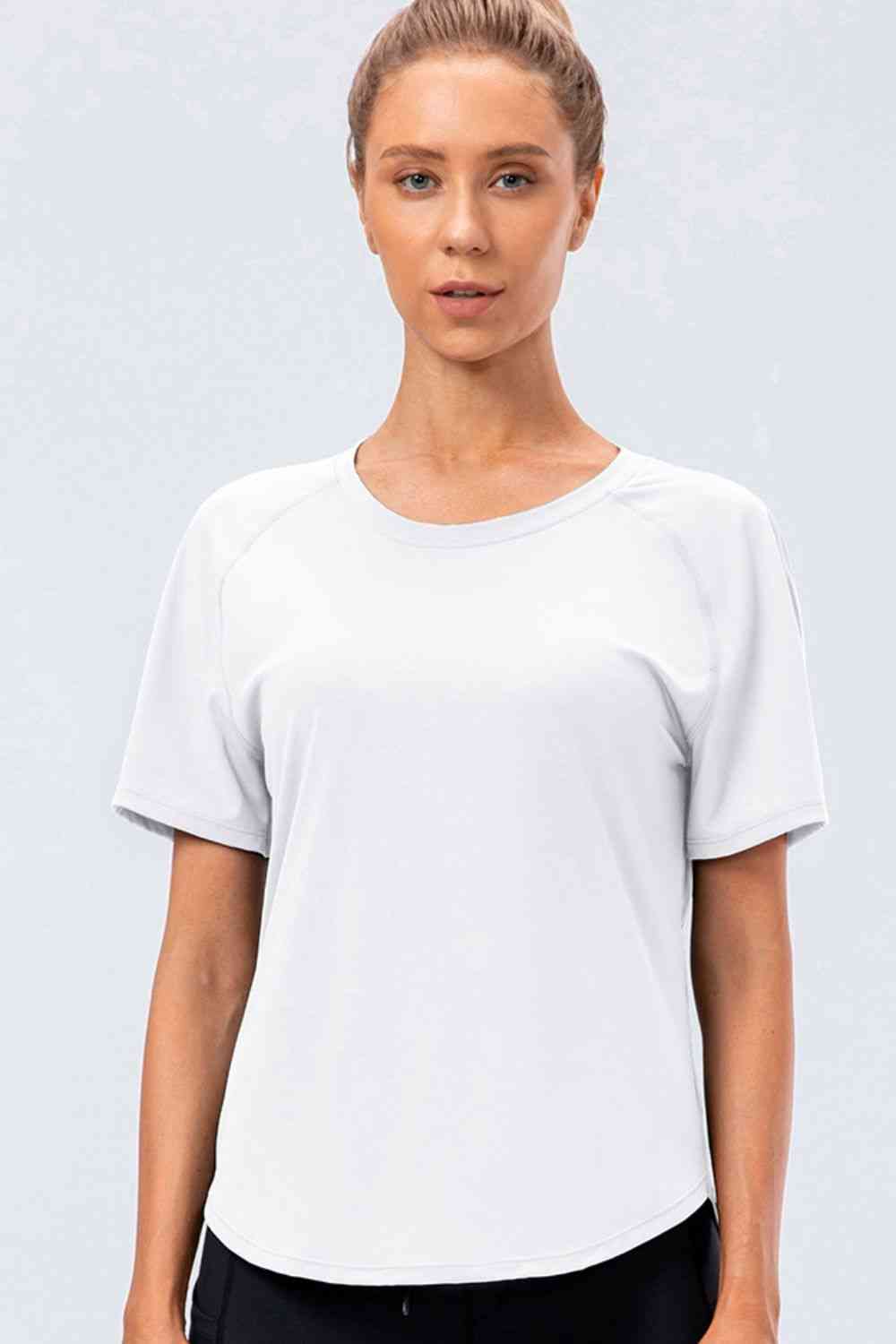 Round Neck Raglan Sleeve Active Tee - FitFemme.Shop