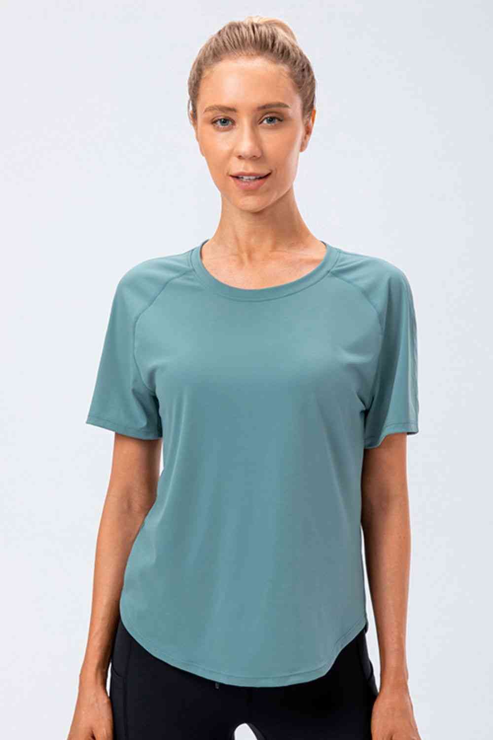 Round Neck Raglan Sleeve Active Tee - FitFemme.Shop