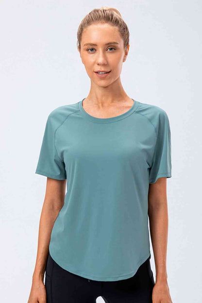 Round Neck Raglan Sleeve Active Tee - FitFemme.Shop