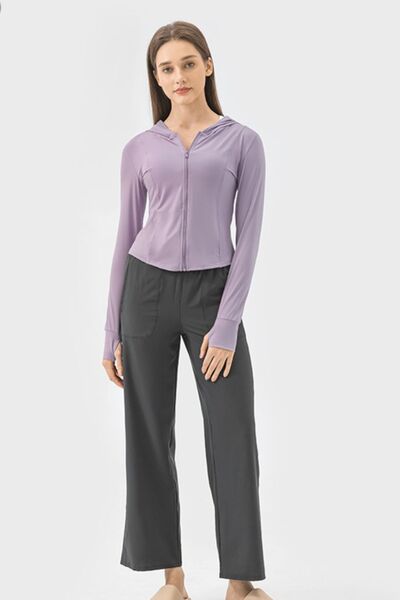 Millennia Pocketed Zip Up Hooded Long Sleeve Active Outerwear - FitFemme.Shop