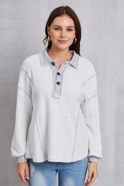 Half Button Dropped Shoulder Sweatshirt - FitFemme.Shop