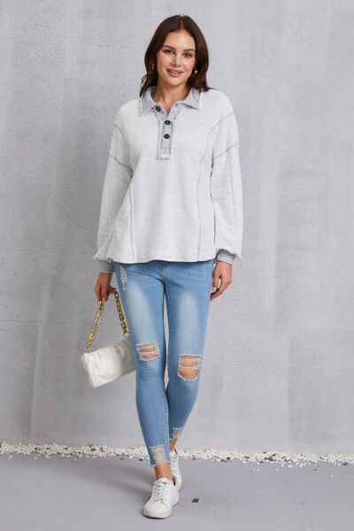 Half Button Dropped Shoulder Sweatshirt - FitFemme.Shop