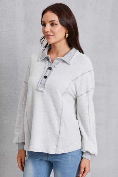 Half Button Dropped Shoulder Sweatshirt - FitFemme.Shop