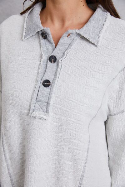 Half Button Dropped Shoulder Sweatshirt - FitFemme.Shop
